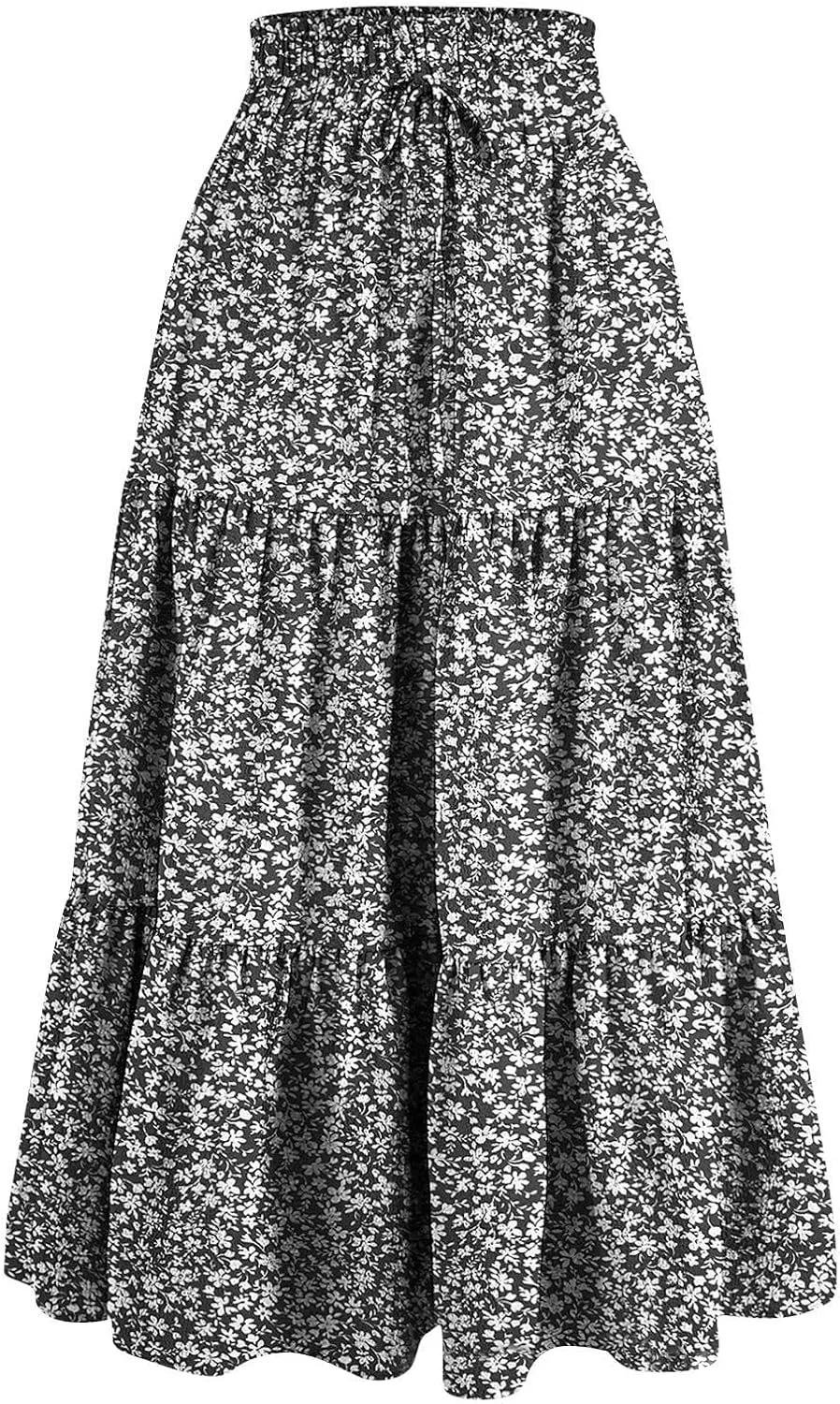Midi Skirts for Women Trendy Solid Color Boho Elastic High Waist Pleated A-Line Flowy Swing Tiered Long Beach Skirt Dress