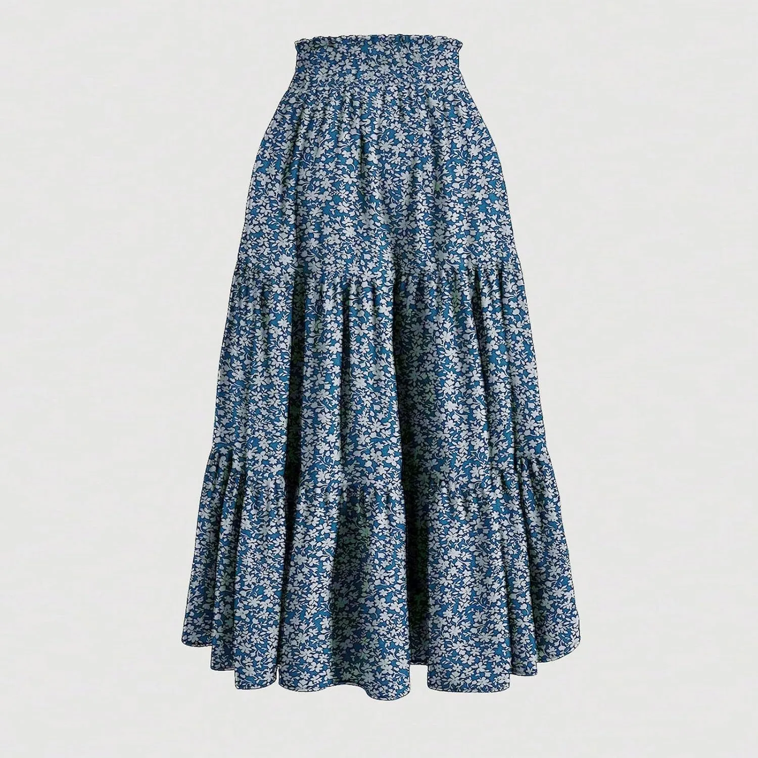 Midi Skirts for Women Trendy Solid Color Boho Elastic High Waist Pleated A-Line Flowy Swing Tiered Long Beach Skirt Dress