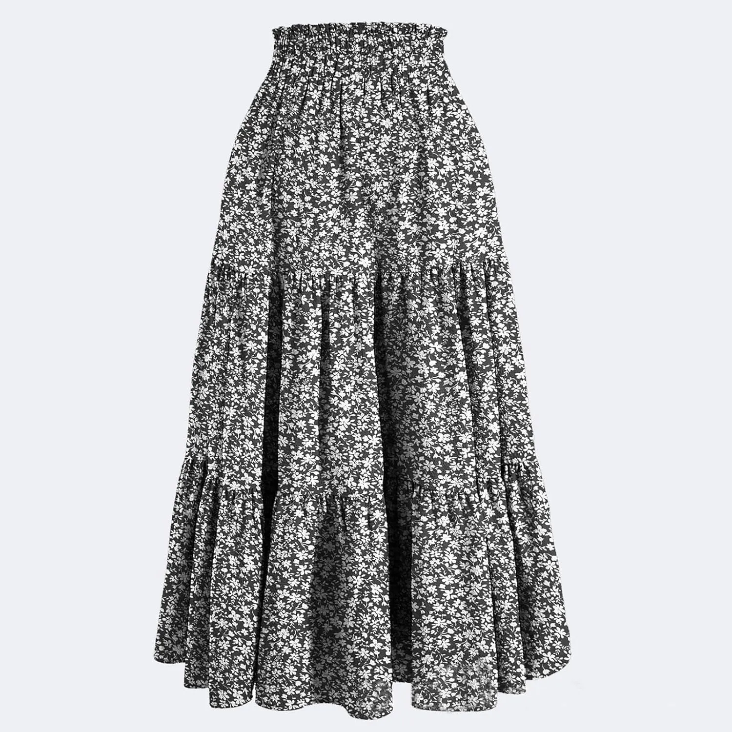 Midi Skirts for Women Trendy Solid Color Boho Elastic High Waist Pleated A-Line Flowy Swing Tiered Long Beach Skirt Dress