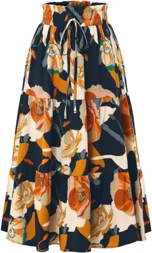 Midi Skirts for Women Trendy Solid Color Boho Elastic High Waist Pleated A-Line Flowy Swing Tiered Long Beach Skirt Dress