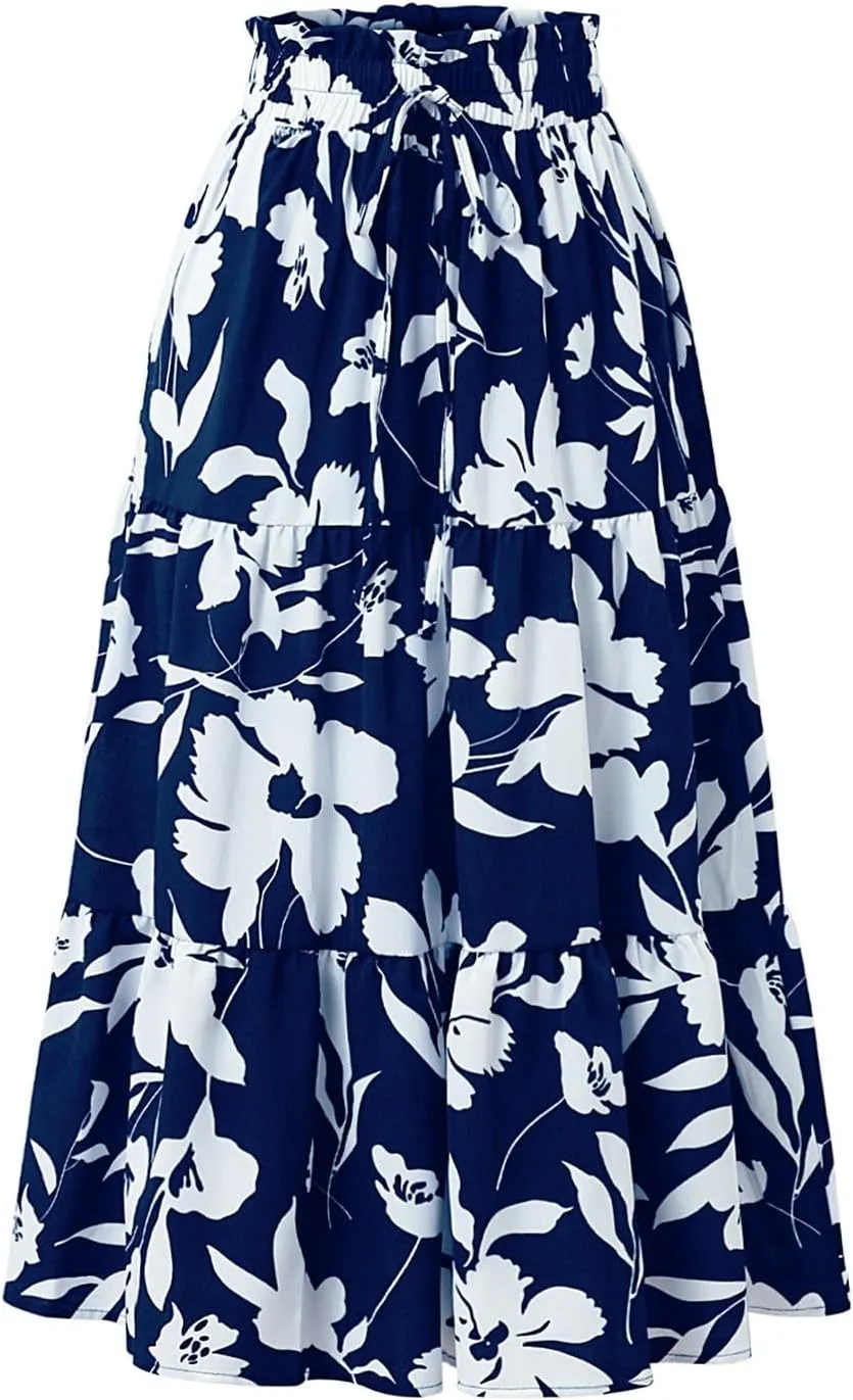 Midi Skirts for Women Trendy Solid Color Boho Elastic High Waist Pleated A-Line Flowy Swing Tiered Long Beach Skirt Dress