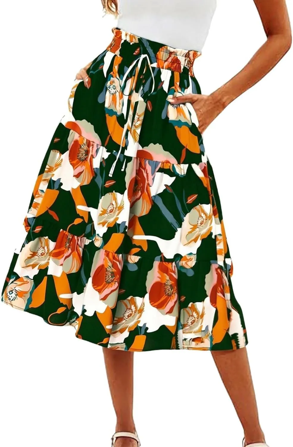 Midi Skirts for Women Trendy Solid Color Boho Elastic High Waist Pleated A-Line Flowy Swing Tiered Long Beach Skirt Dress