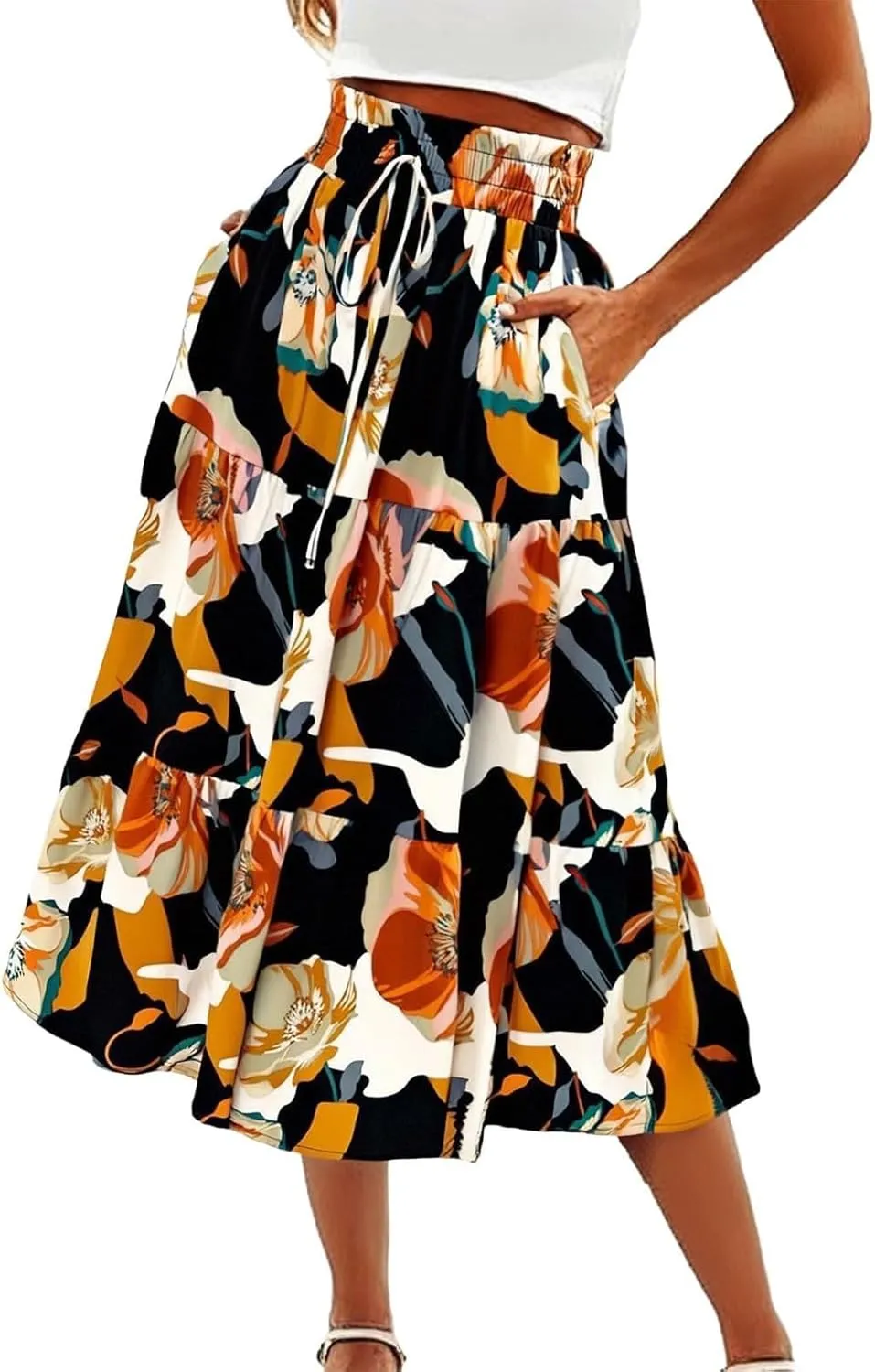 Midi Skirts for Women Trendy Solid Color Boho Elastic High Waist Pleated A-Line Flowy Swing Tiered Long Beach Skirt Dress