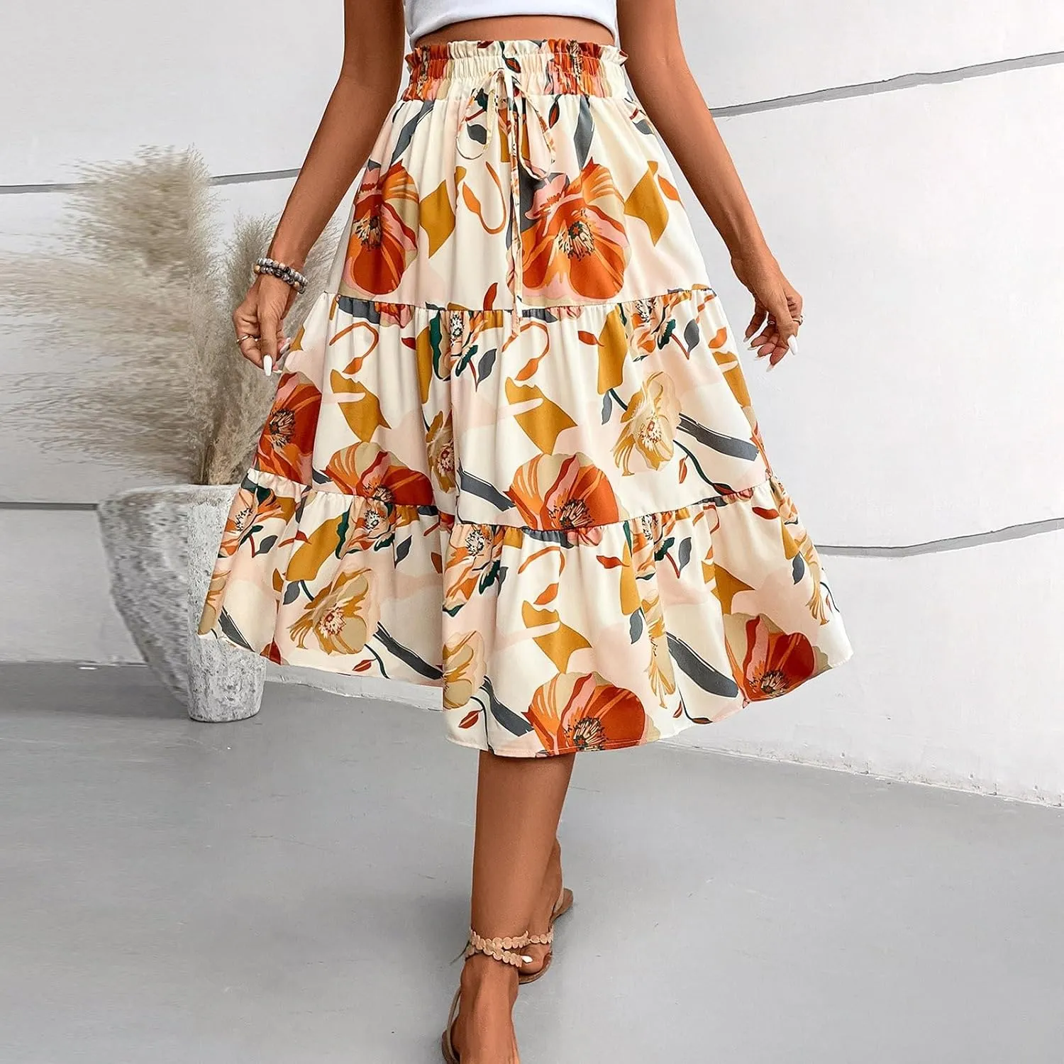 Midi Skirts for Women Trendy Solid Color Boho Elastic High Waist Pleated A-Line Flowy Swing Tiered Long Beach Skirt Dress