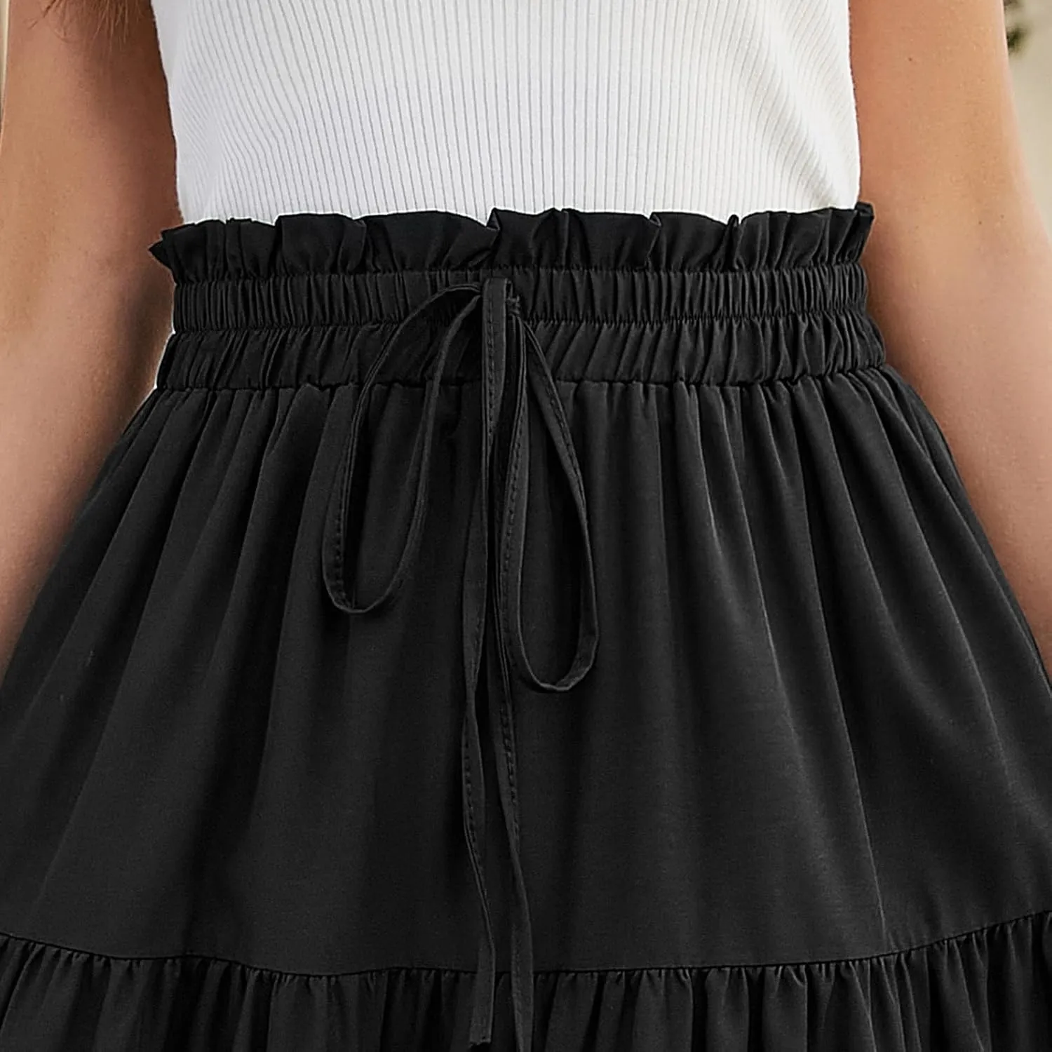 Midi Skirts for Women Trendy Solid Color Boho Elastic High Waist Pleated A-Line Flowy Swing Tiered Long Beach Skirt Dress