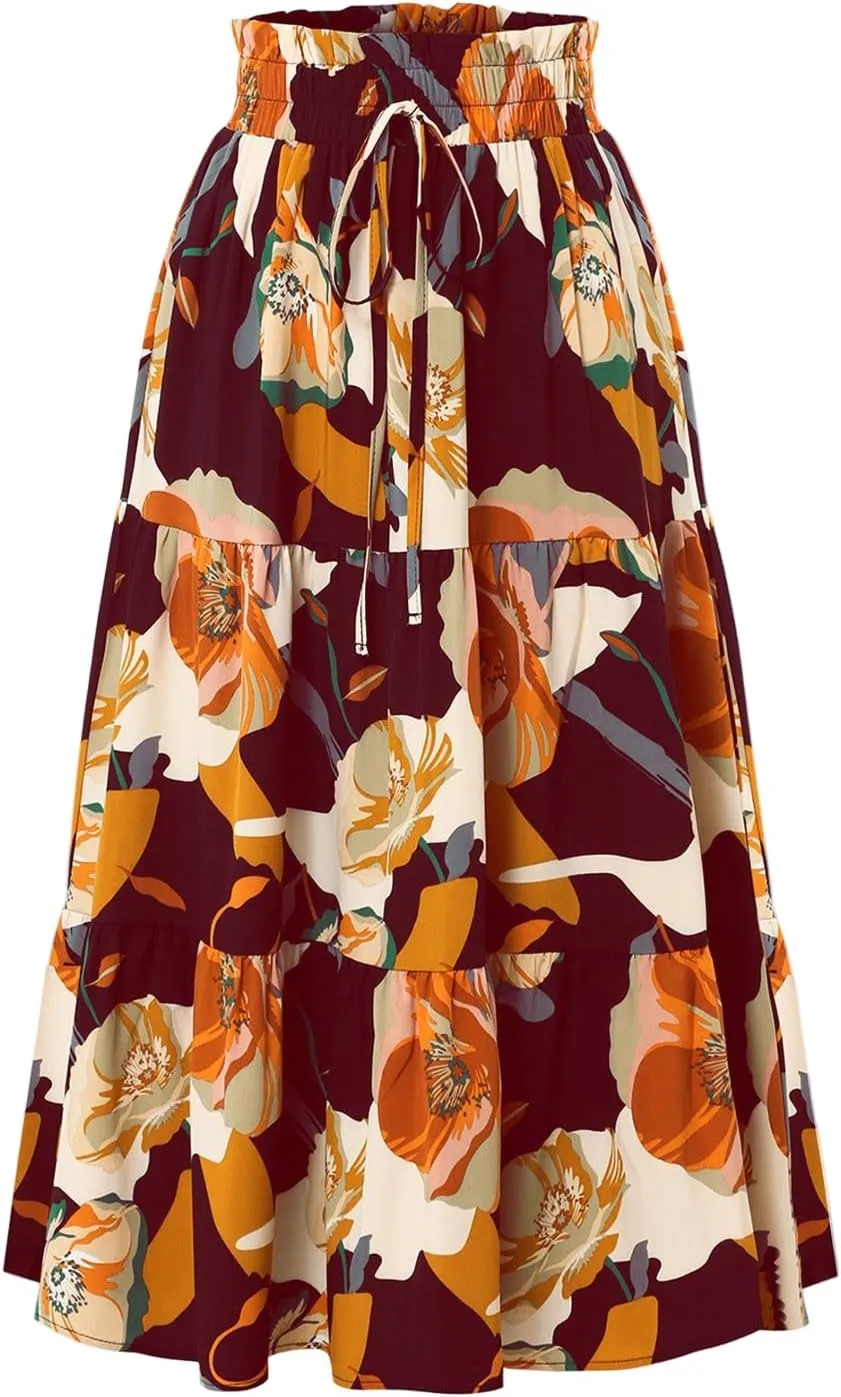 Midi Skirts for Women Trendy Solid Color Boho Elastic High Waist Pleated A-Line Flowy Swing Tiered Long Beach Skirt Dress