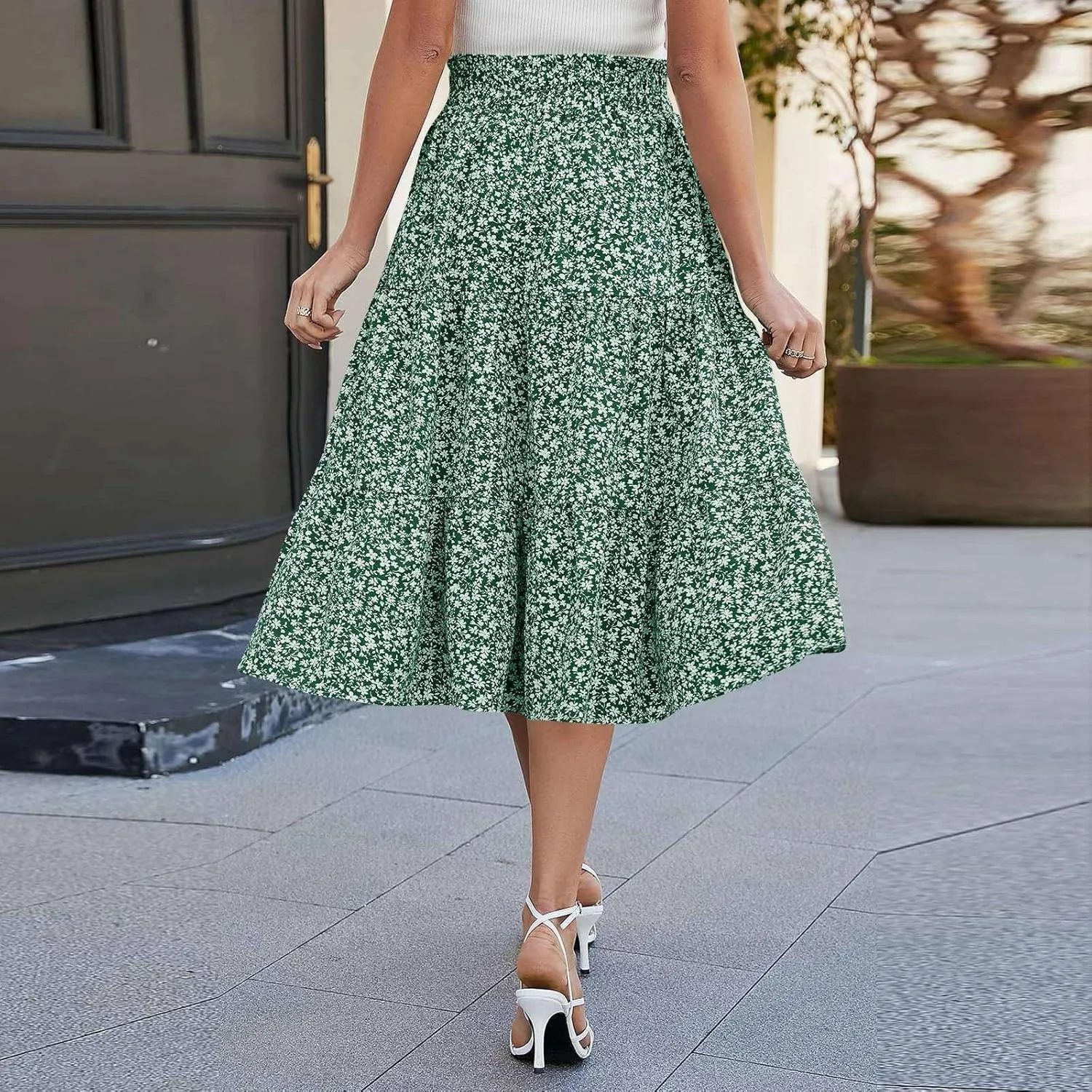 Midi Skirts for Women Trendy Solid Color Boho Elastic High Waist Pleated A-Line Flowy Swing Tiered Long Beach Skirt Dress