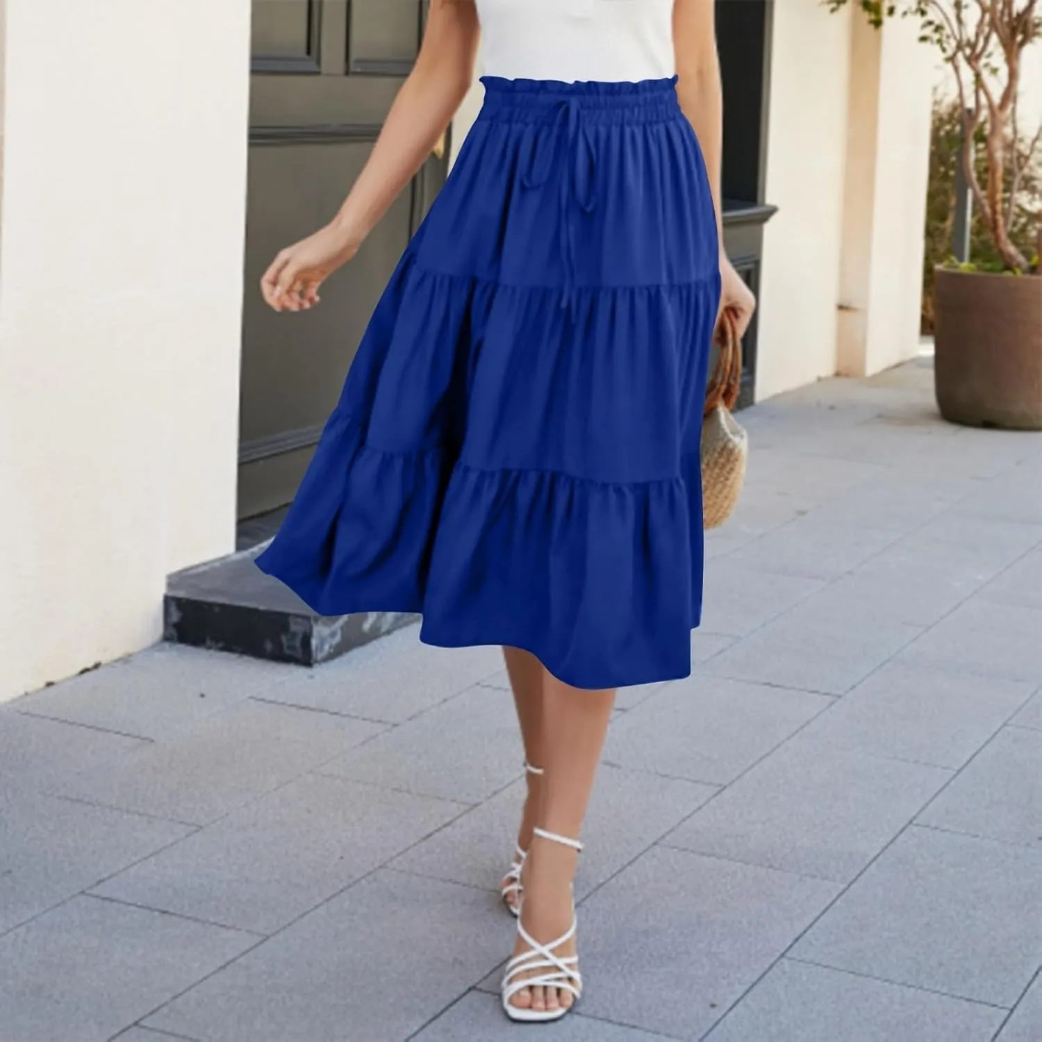 Midi Skirts for Women Trendy Solid Color Boho Elastic High Waist Pleated A-Line Flowy Swing Tiered Long Beach Skirt Dress