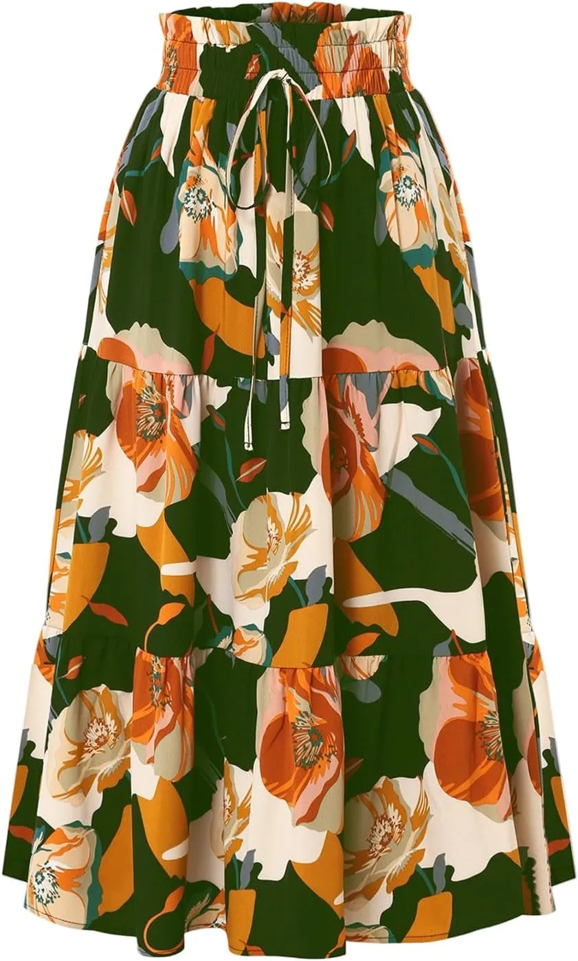 Midi Skirts for Women Trendy Solid Color Boho Elastic High Waist Pleated A-Line Flowy Swing Tiered Long Beach Skirt Dress