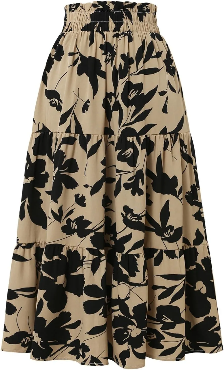 Midi Skirts for Women Trendy Solid Color Boho Elastic High Waist Pleated A-Line Flowy Swing Tiered Long Beach Skirt Dress
