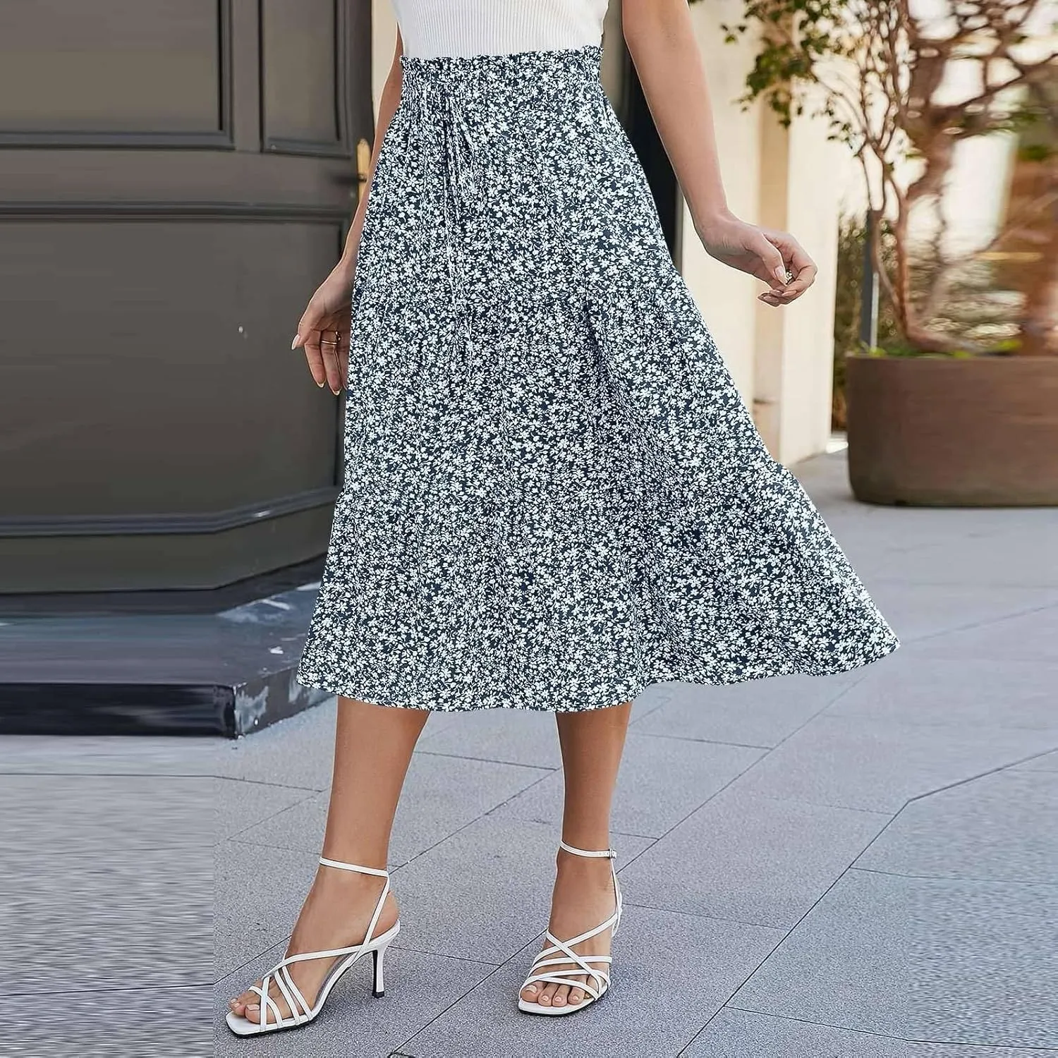 Midi Skirts for Women Trendy Solid Color Boho Elastic High Waist Pleated A-Line Flowy Swing Tiered Long Beach Skirt Dress