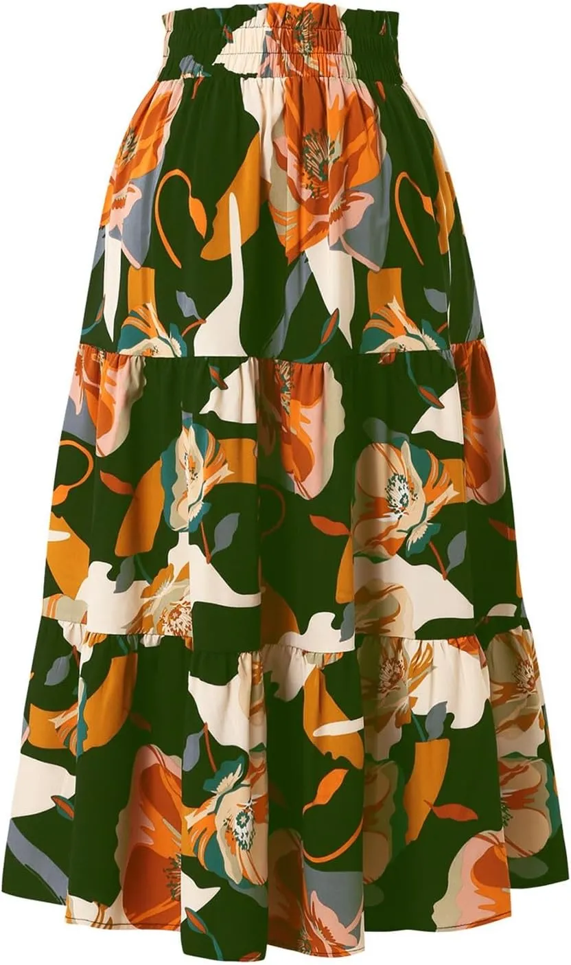 Midi Skirts for Women Trendy Solid Color Boho Elastic High Waist Pleated A-Line Flowy Swing Tiered Long Beach Skirt Dress