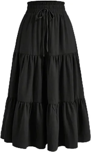 Midi Skirts for Women Trendy Solid Color Boho Elastic High Waist Pleated A-Line Flowy Swing Tiered Long Beach Skirt Dress