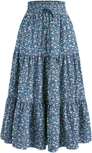 Midi Skirts for Women Trendy Solid Color Boho Elastic High Waist Pleated A-Line Flowy Swing Tiered Long Beach Skirt Dress