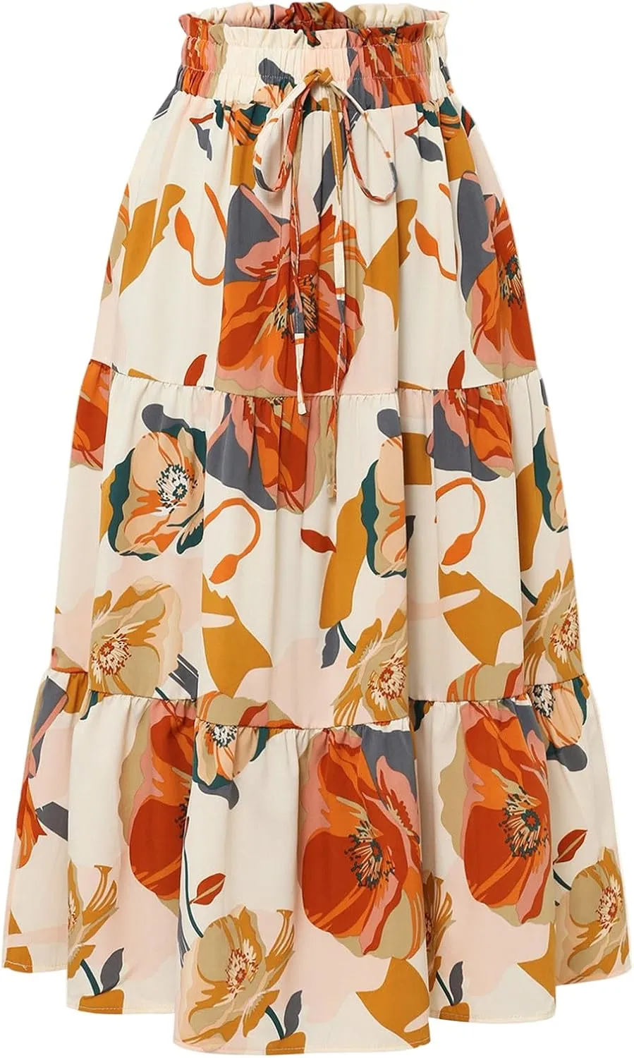 Midi Skirts for Women Trendy Solid Color Boho Elastic High Waist Pleated A-Line Flowy Swing Tiered Long Beach Skirt Dress