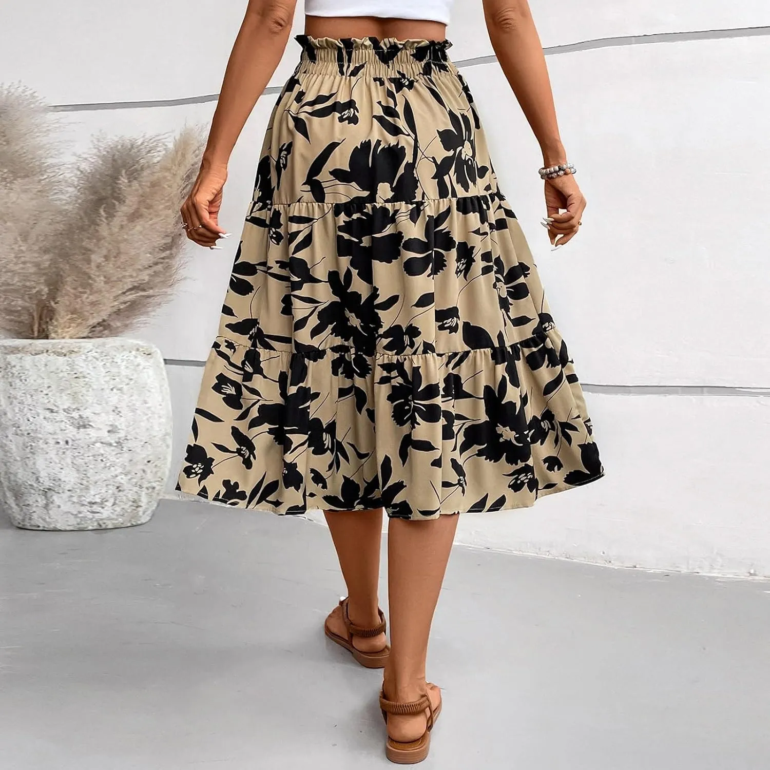Midi Skirts for Women Trendy Solid Color Boho Elastic High Waist Pleated A-Line Flowy Swing Tiered Long Beach Skirt Dress