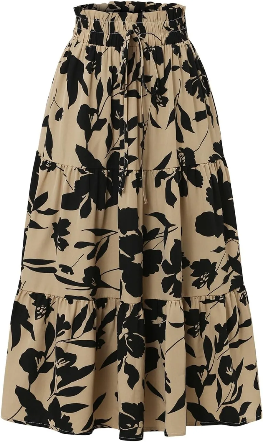 Midi Skirts for Women Trendy Solid Color Boho Elastic High Waist Pleated A-Line Flowy Swing Tiered Long Beach Skirt Dress