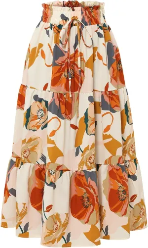 Midi Skirts for Women Trendy Solid Color Boho Elastic High Waist Pleated A-Line Flowy Swing Tiered Long Beach Skirt Dress