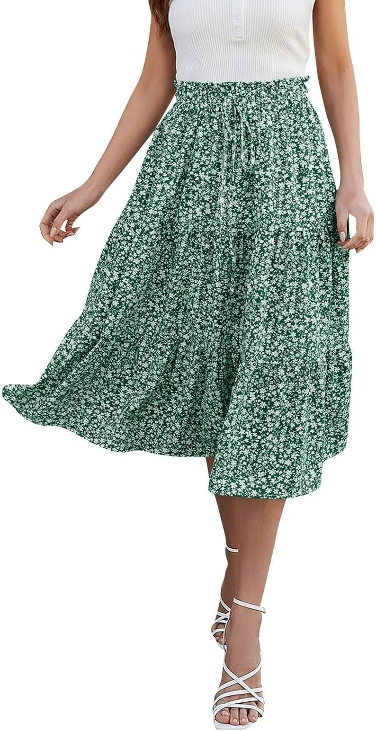 Midi Skirts for Women Trendy Solid Color Boho Elastic High Waist Pleated A-Line Flowy Swing Tiered Long Beach Skirt Dress