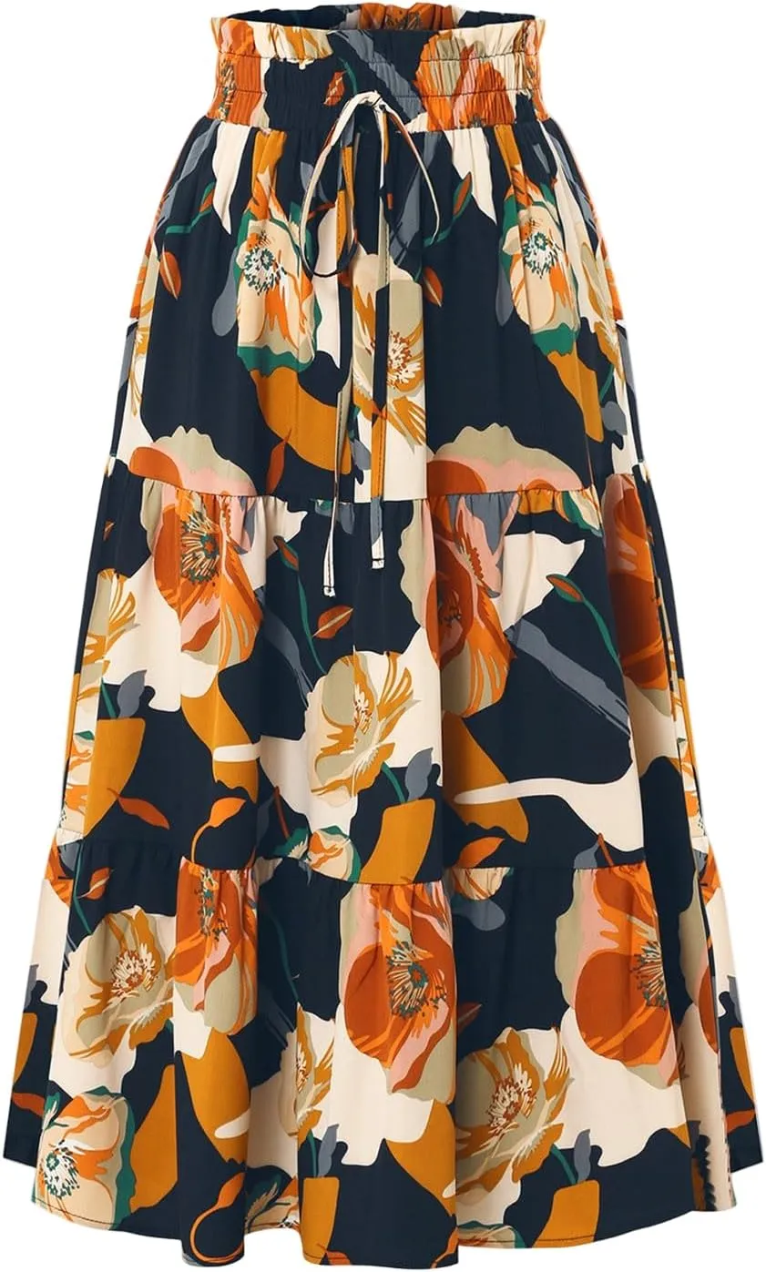 Midi Skirts for Women Trendy Solid Color Boho Elastic High Waist Pleated A-Line Flowy Swing Tiered Long Beach Skirt Dress