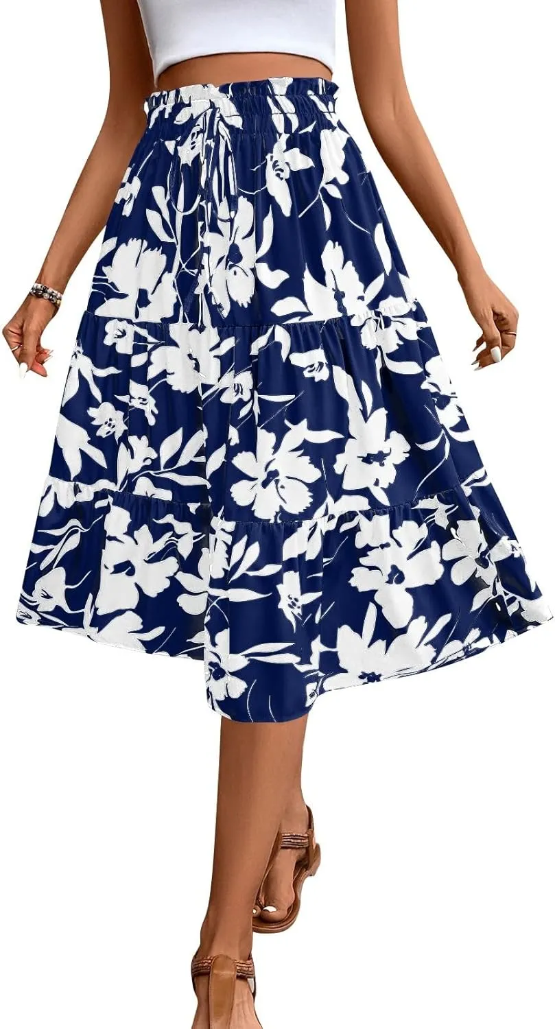 Midi Skirts for Women Trendy Solid Color Boho Elastic High Waist Pleated A-Line Flowy Swing Tiered Long Beach Skirt Dress