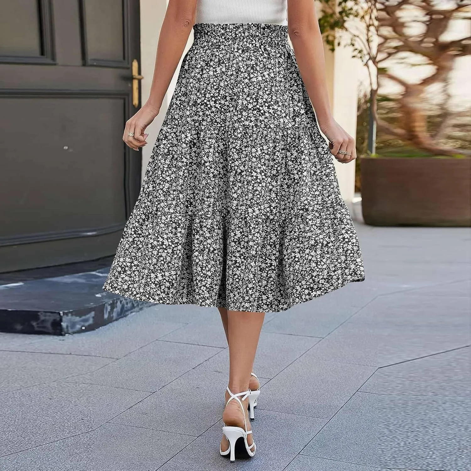 Midi Skirts for Women Trendy Solid Color Boho Elastic High Waist Pleated A-Line Flowy Swing Tiered Long Beach Skirt Dress
