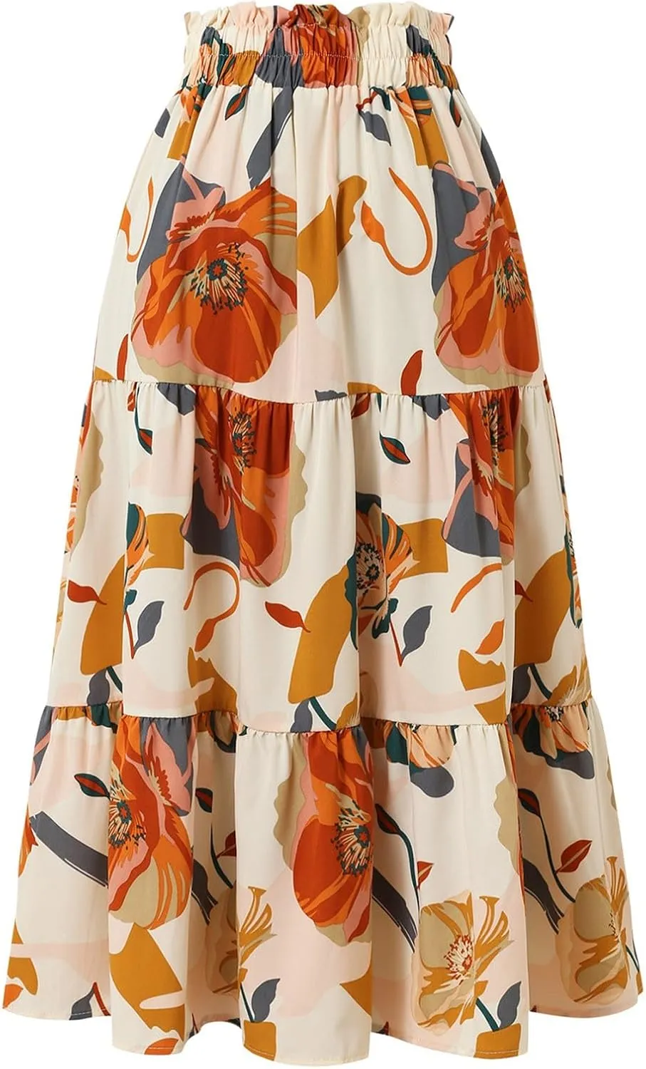 Midi Skirts for Women Trendy Solid Color Boho Elastic High Waist Pleated A-Line Flowy Swing Tiered Long Beach Skirt Dress