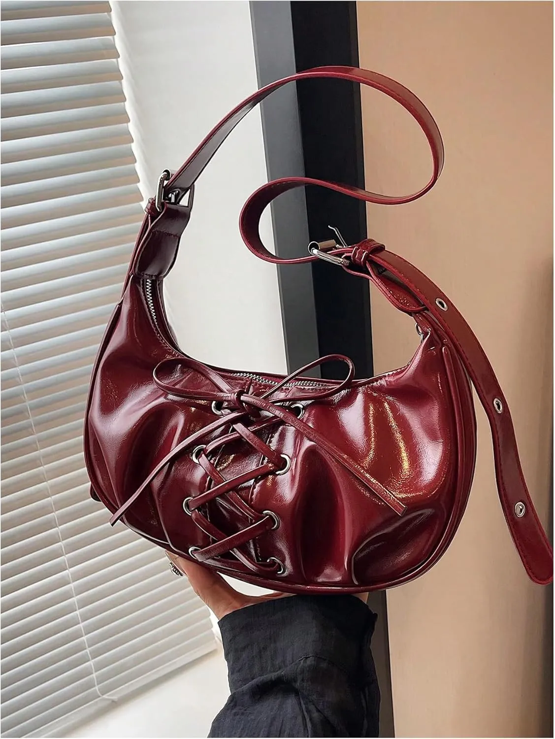 Milumia Women's Lace Up Bow Hobo Handbags Y2k Pu Leather Crescent Shoulder Bags