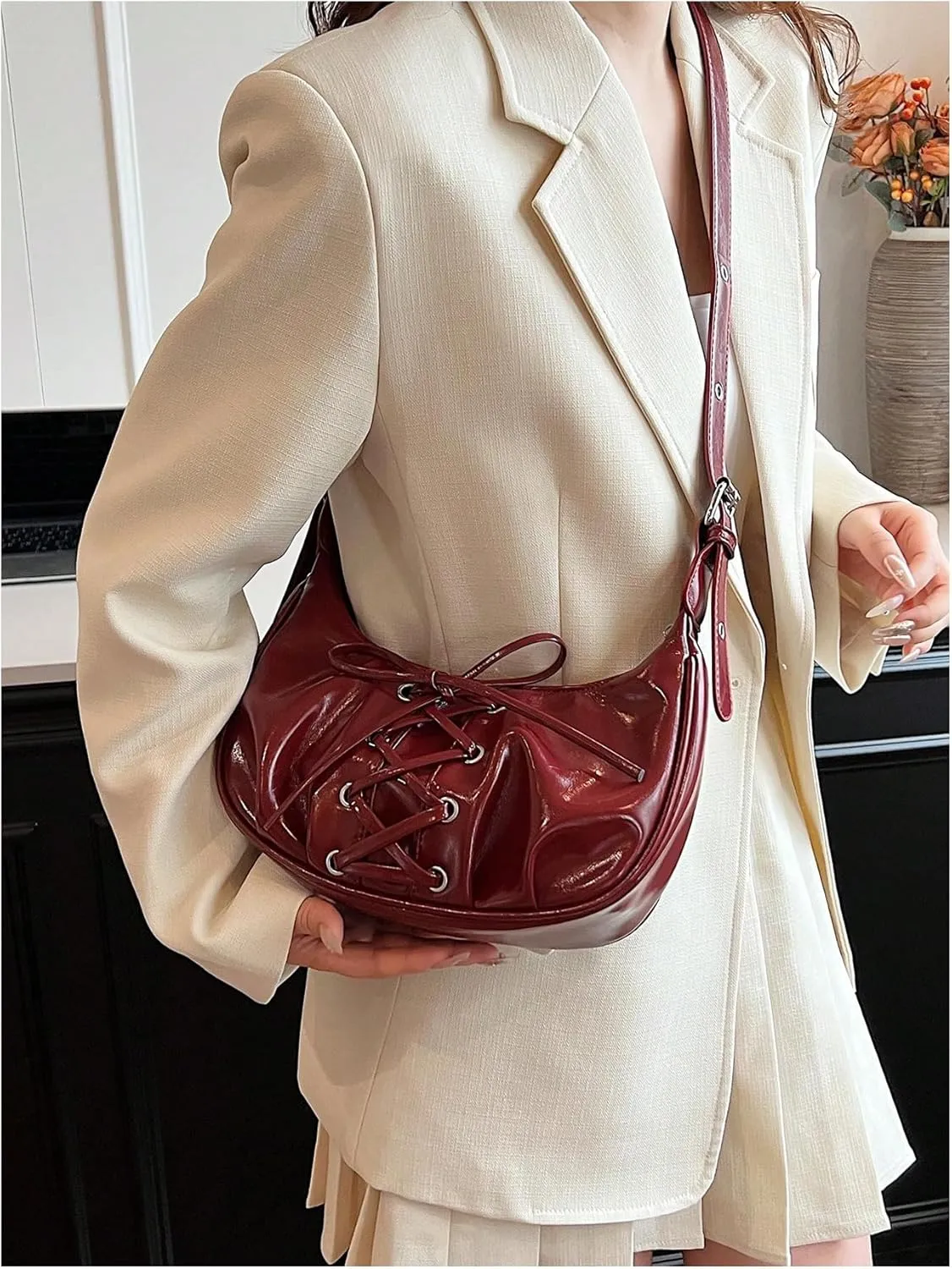 Milumia Women's Lace Up Bow Hobo Handbags Y2k Pu Leather Crescent Shoulder Bags