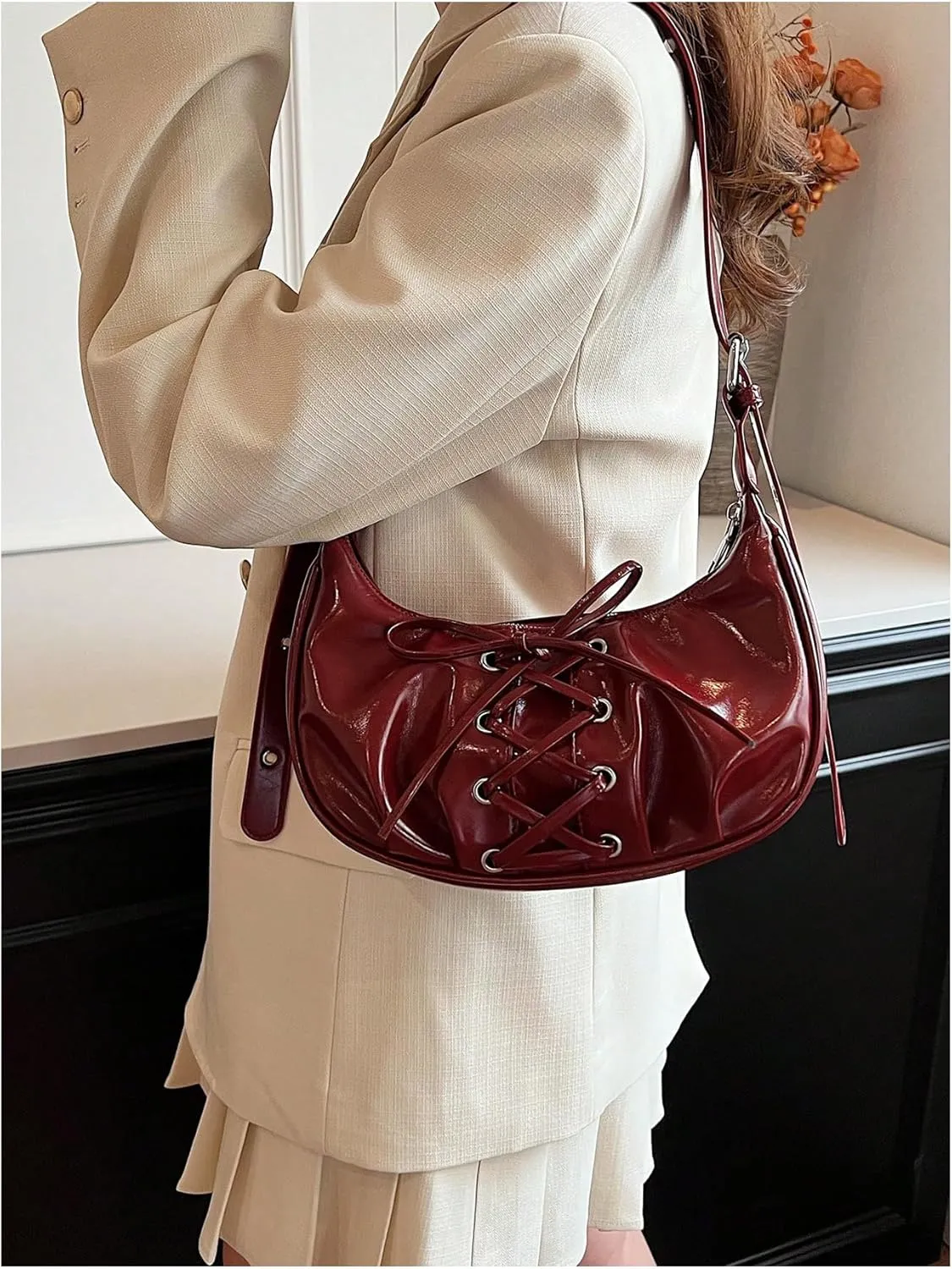 Milumia Women's Lace Up Bow Hobo Handbags Y2k Pu Leather Crescent Shoulder Bags