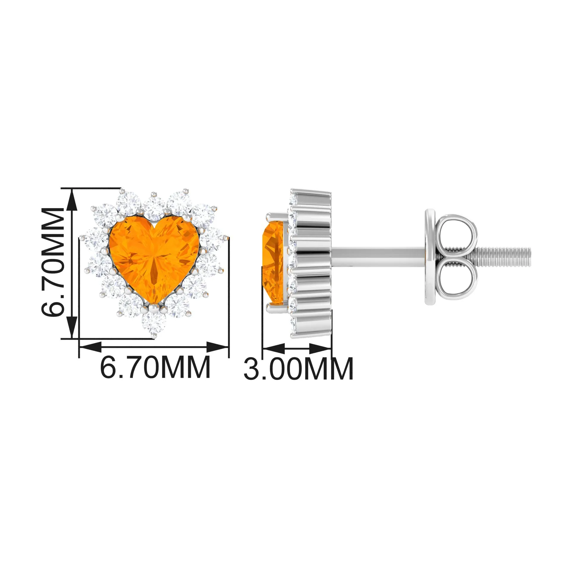 Minimal Heart Shape Fire Opal Halo Stud Earrings with Diamond