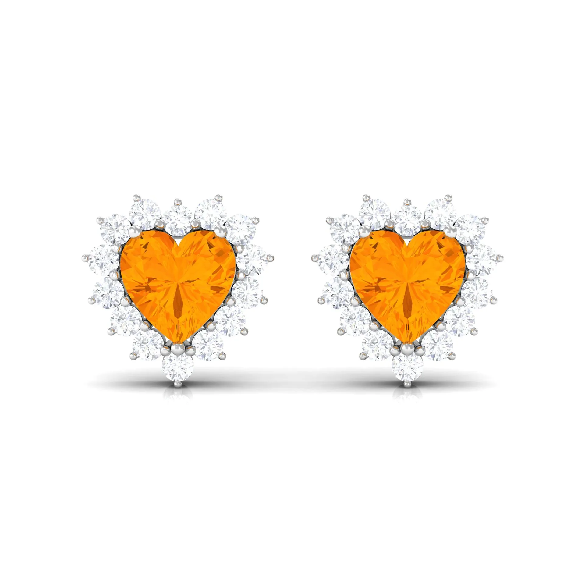 Minimal Heart Shape Fire Opal Halo Stud Earrings with Diamond