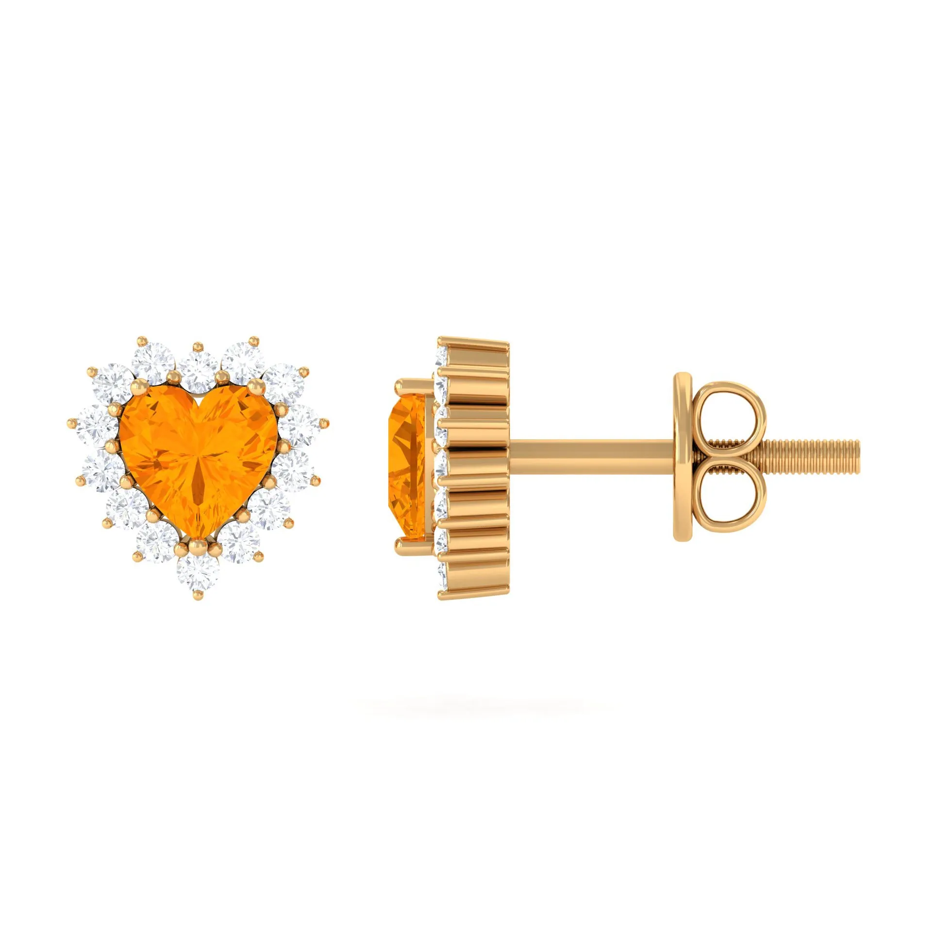 Minimal Heart Shape Fire Opal Halo Stud Earrings with Diamond