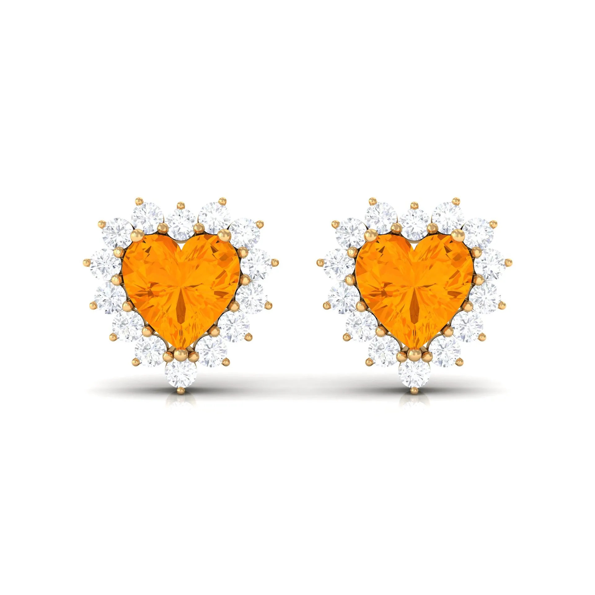 Minimal Heart Shape Fire Opal Halo Stud Earrings with Diamond