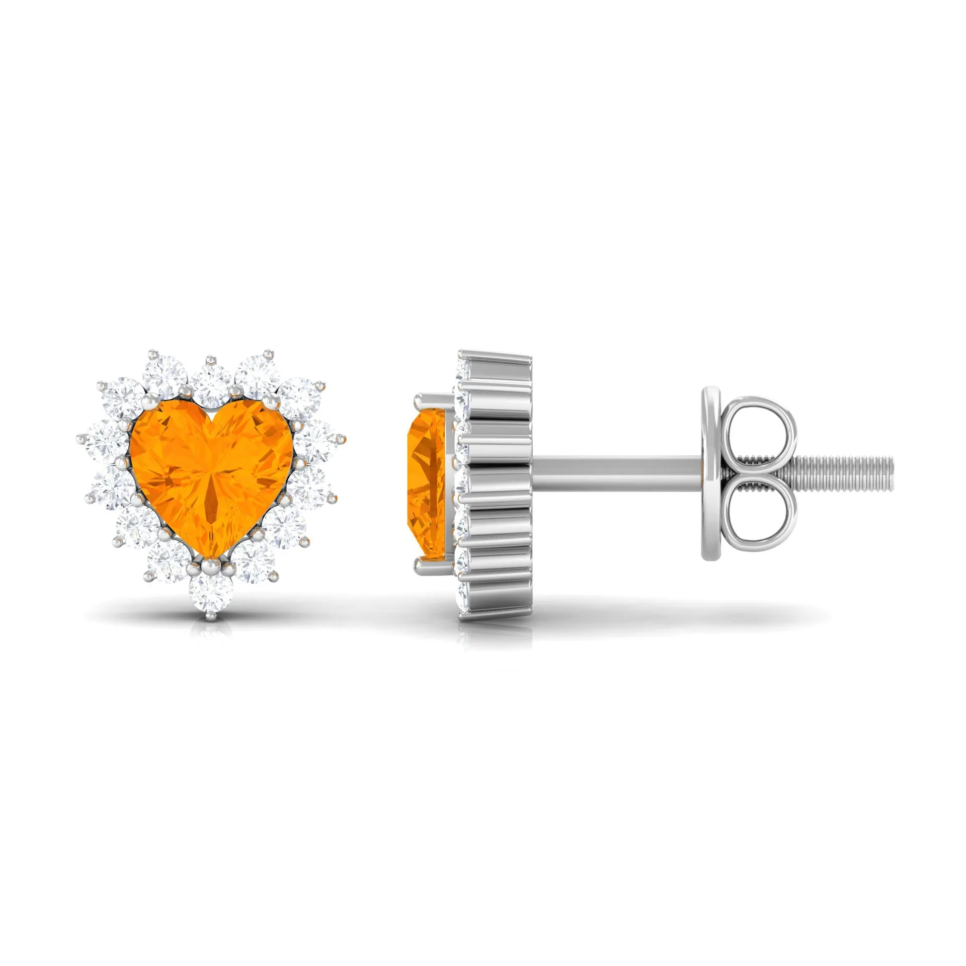 Minimal Heart Shape Fire Opal Halo Stud Earrings with Diamond