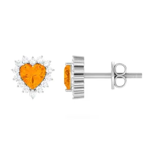Minimal Heart Shape Fire Opal Halo Stud Earrings with Diamond