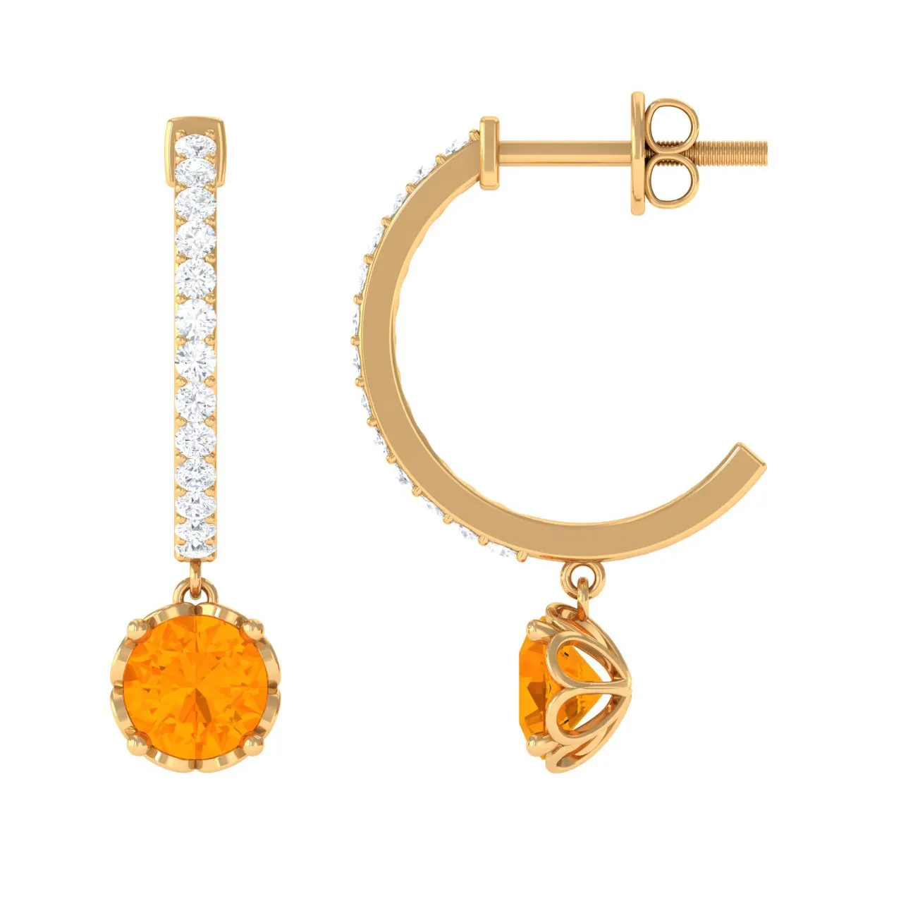 Minimal Round Fire Opal and Diamond Hoop Drop Earrings