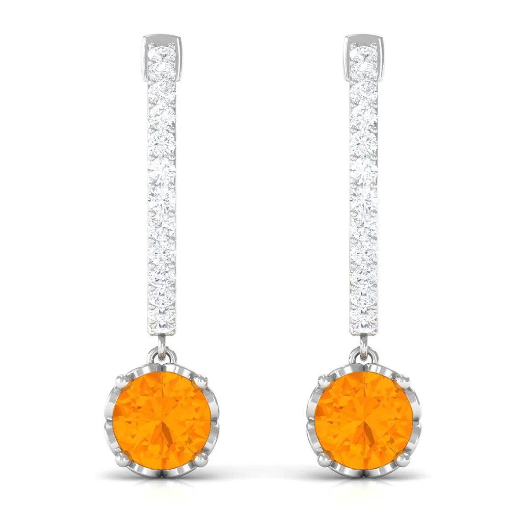 Minimal Round Fire Opal and Diamond Hoop Drop Earrings
