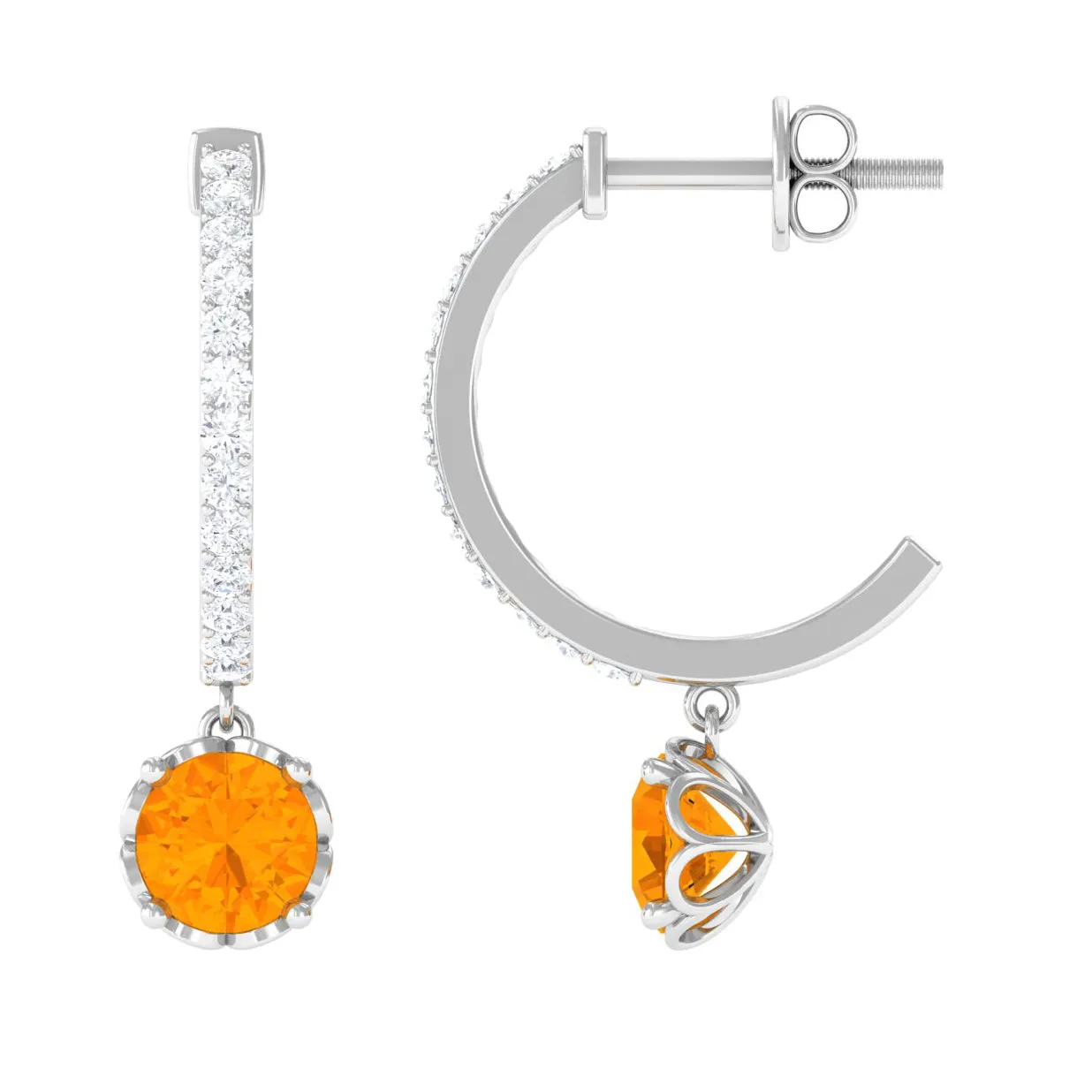 Minimal Round Fire Opal and Diamond Hoop Drop Earrings
