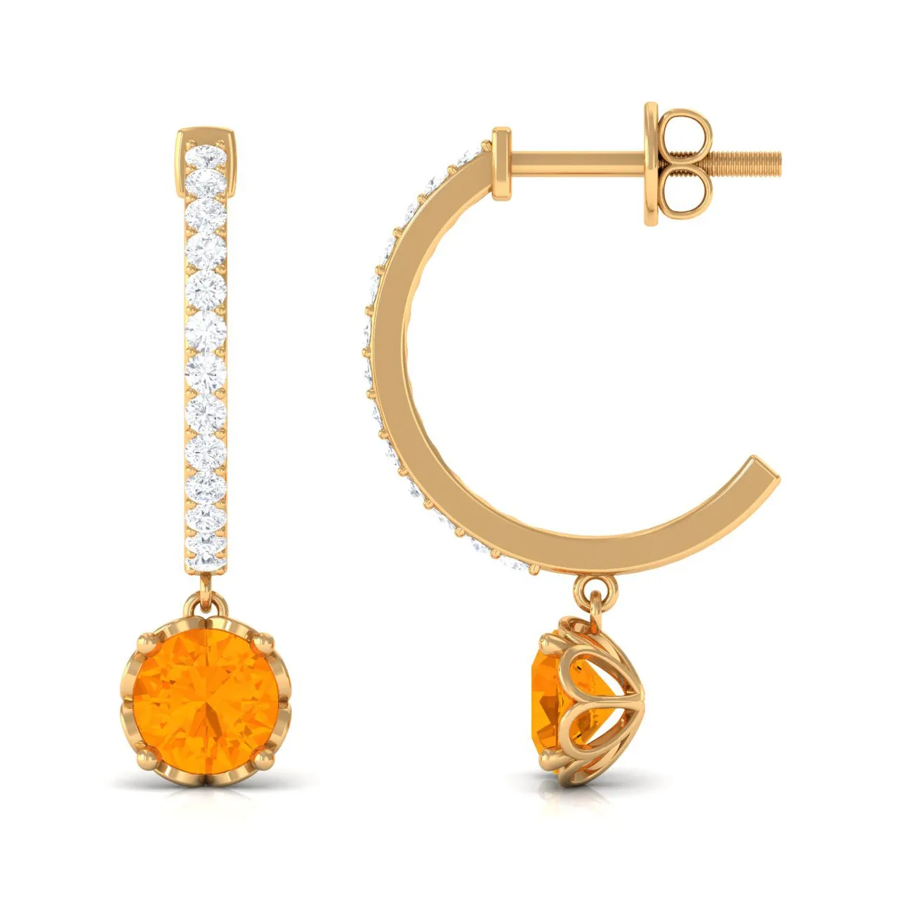 Minimal Round Fire Opal and Diamond Hoop Drop Earrings