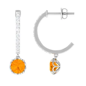 Minimal Round Fire Opal and Diamond Hoop Drop Earrings