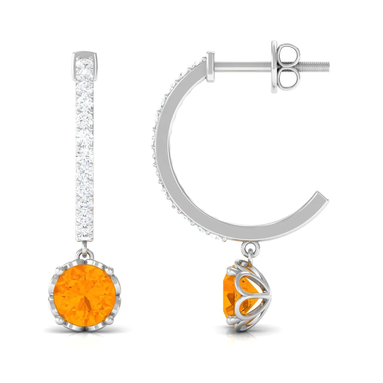 Minimal Round Fire Opal and Diamond Hoop Drop Earrings