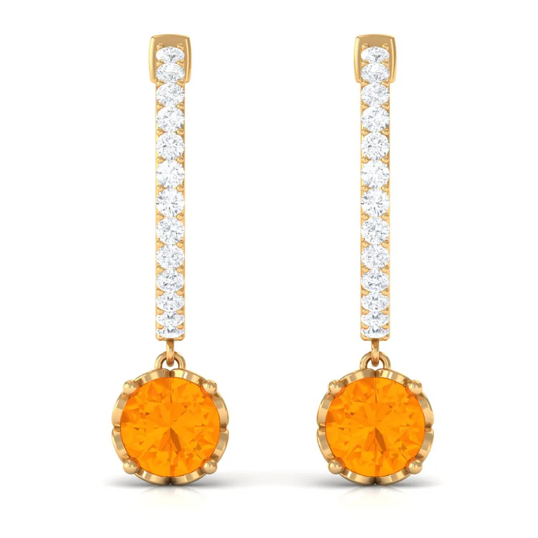 Minimal Round Fire Opal and Diamond Hoop Drop Earrings