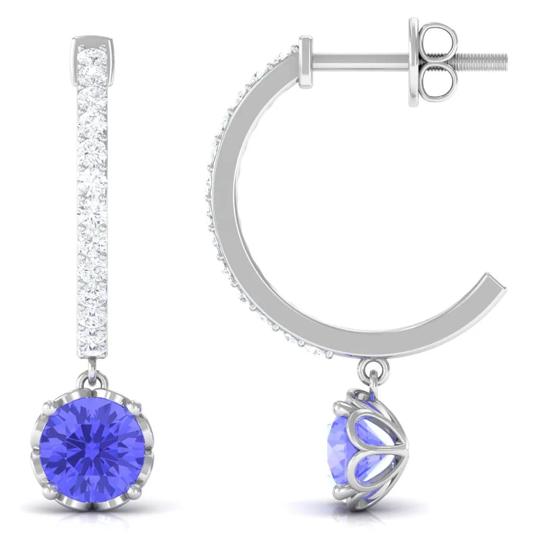 Minimal Round Tanzanite Hoop Drop Earrings with Diamond