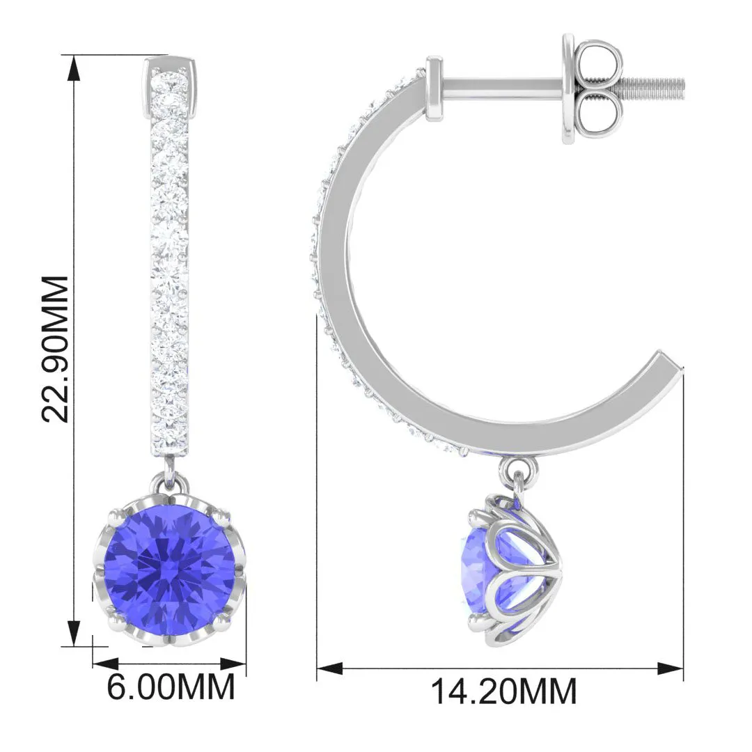 Minimal Round Tanzanite Hoop Drop Earrings with Diamond