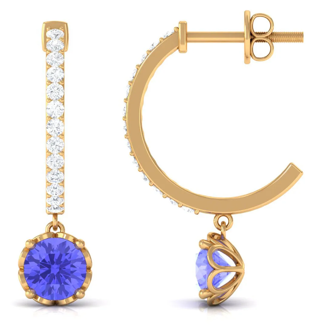 Minimal Round Tanzanite Hoop Drop Earrings with Diamond