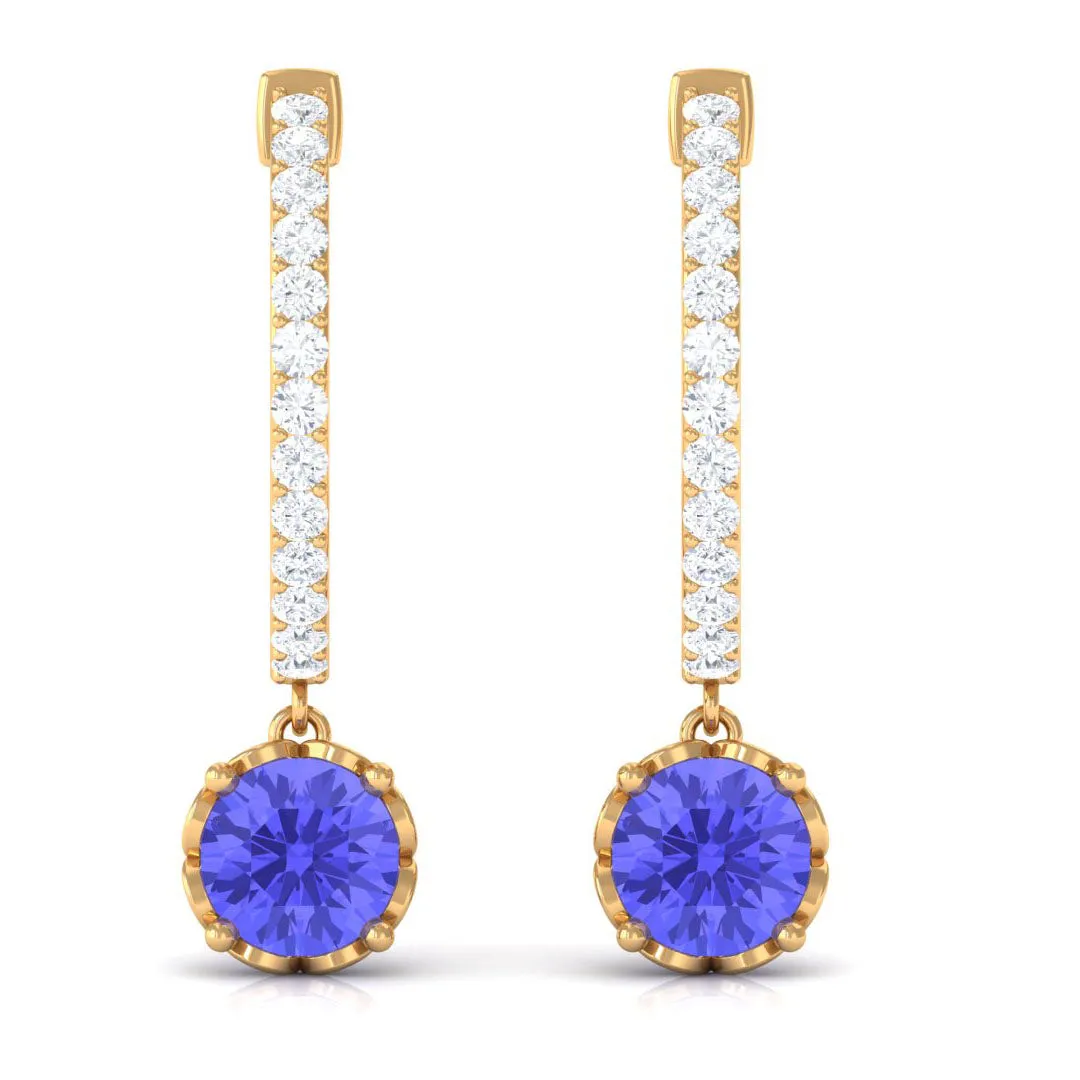 Minimal Round Tanzanite Hoop Drop Earrings with Diamond