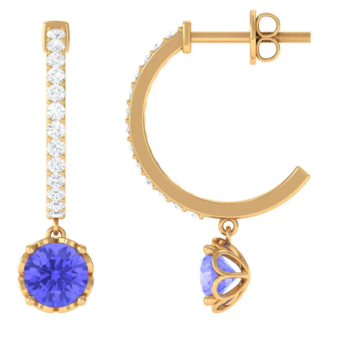 Minimal Round Tanzanite Hoop Drop Earrings with Diamond
