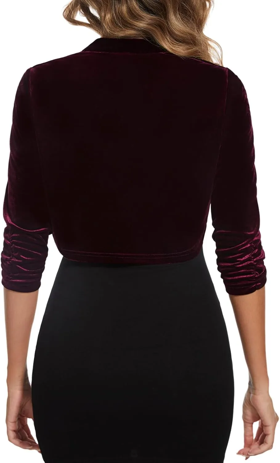 MINTLIMIT Women's Velvet Bolero Shrug Top Ruched 3/4 Sleeve Open Front Cocktail Party Cropped Cardigan for Dress