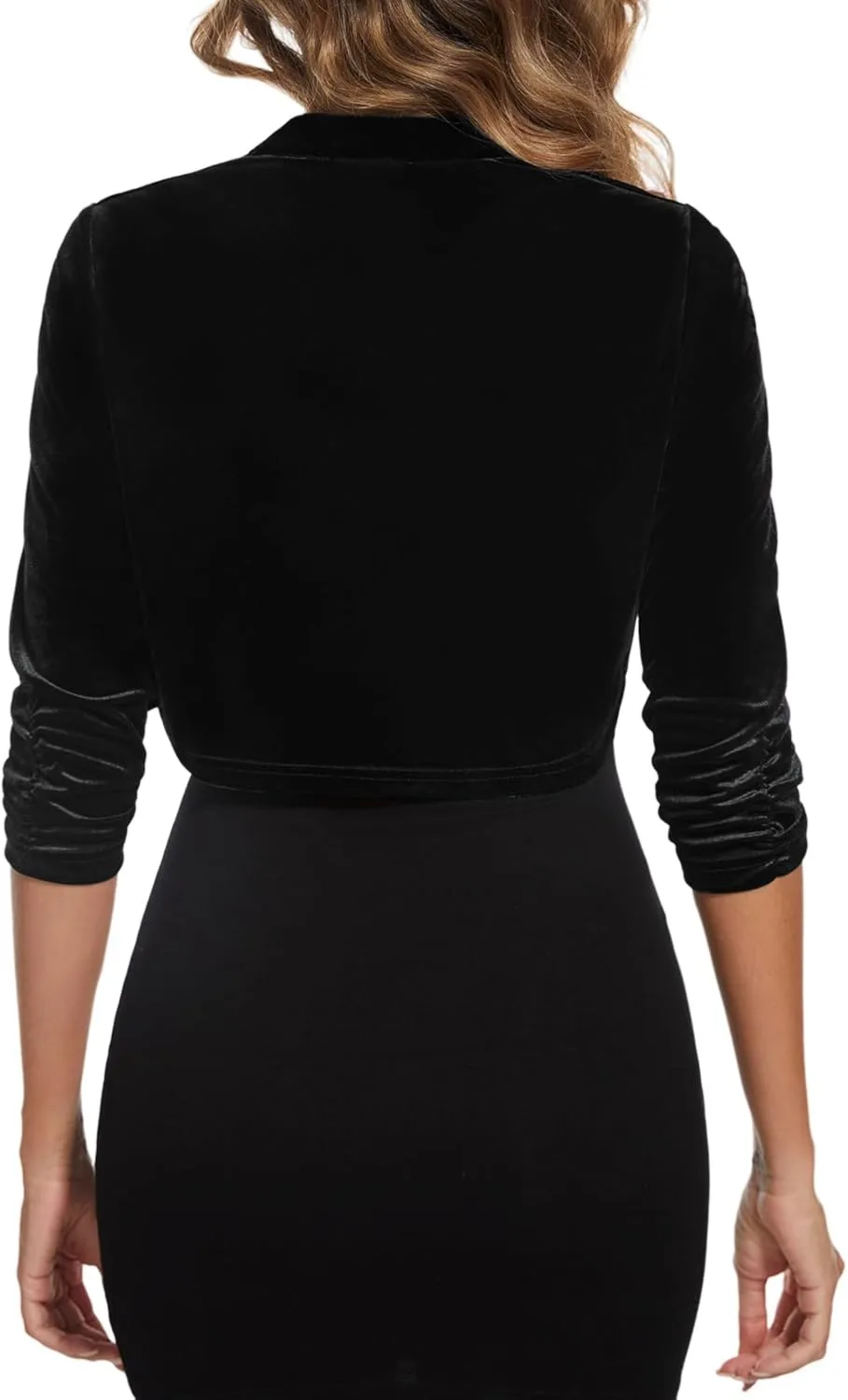 MINTLIMIT Women's Velvet Bolero Shrug Top Ruched 3/4 Sleeve Open Front Cocktail Party Cropped Cardigan for Dress